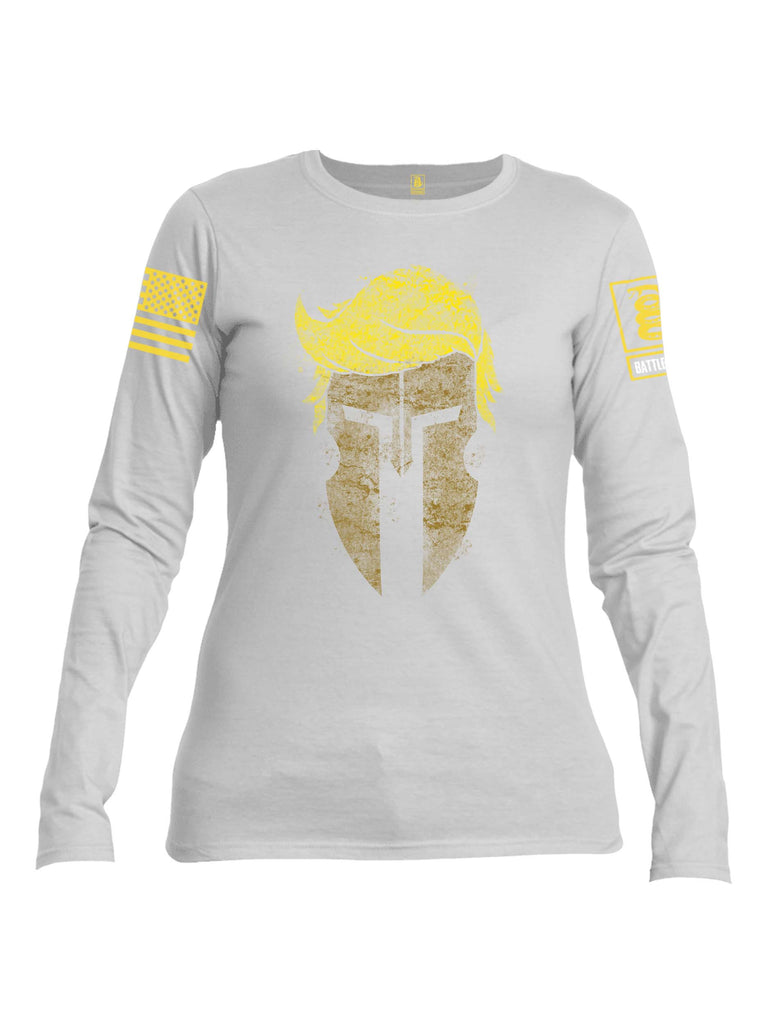 Battleraddle Mr. President Expounder Spartan Helm Yellow Sleeve Print Womens Cotton Long Sleeve Crew Neck T Shirt