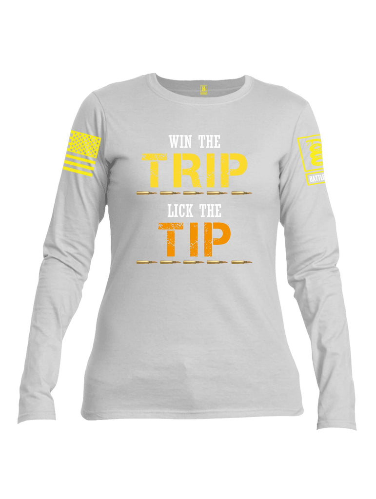 Battleraddle Win The Trip Lick The Tip Yellow Sleeve Print Womens Cotton Long Sleeve Crew Neck T Shirt
