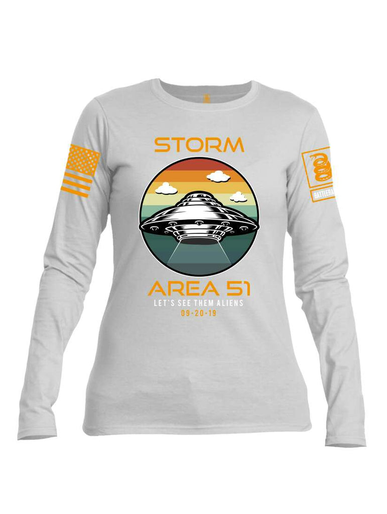 Battleraddle Storm Area 51 Let's See Them Aliens Orange Sleeve Print Womens Cotton Long Sleeve Crew Neck T Shirt