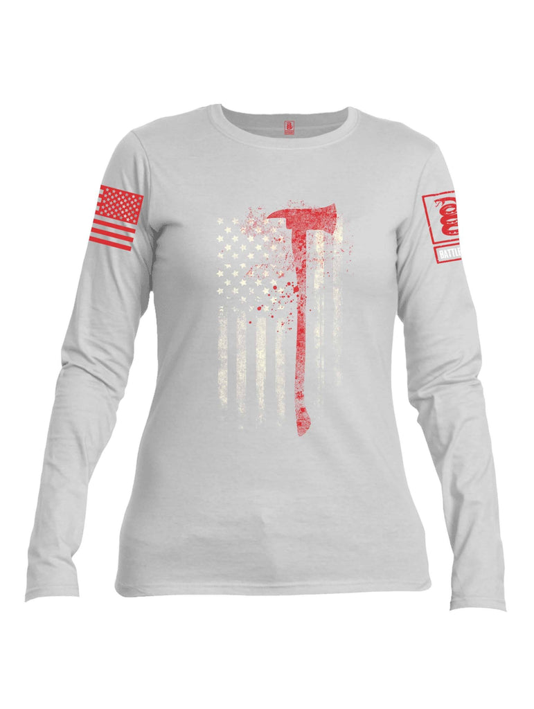 Battleraddle Firefighter Axe USA Flag Red Sleeve Print Womens Cotton Long Sleeve Crew Neck T Shirt shirt|custom|veterans|Women-Long Sleeves Crewneck Shirt