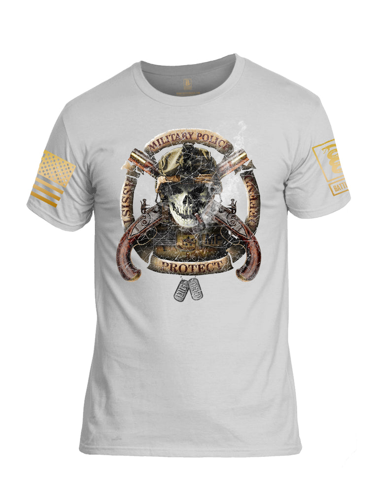 Battleraddle Military Police Assist Defend Protect Brass Sleeve Print Mens Cotton Crew Neck T Shirt