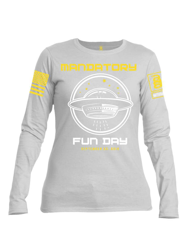 Battleraddle Mandatory Fun Day Yellow Sleeve Print Print Womens Cotton Long Sleeve Crew Neck T Shirt