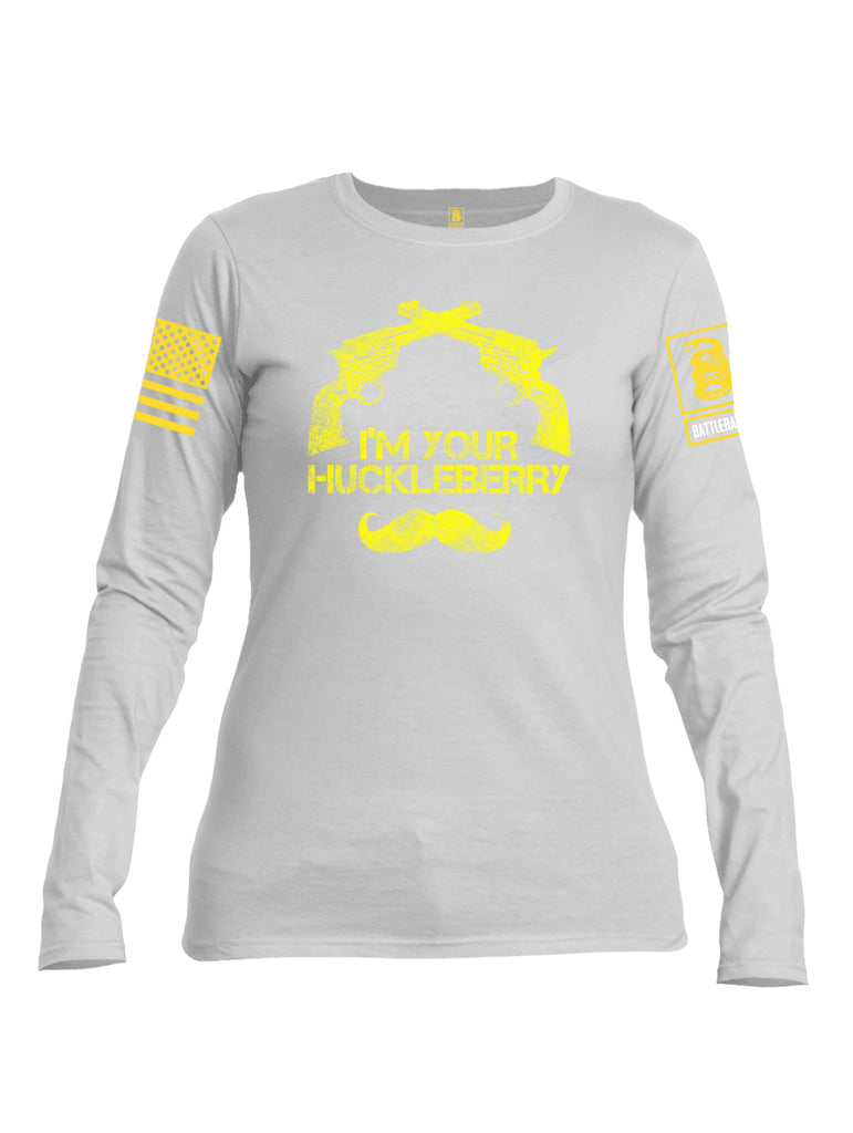 Battleraddle I'm your Huckleberry Yellow Sleeve Print Womens Cotton Long Sleeve Crew Neck T ShirtBattleraddle I'm Your Huckleberry Yellow Sleeve Print Womens Cotton Long Sleeve Crew Neck T Shirt