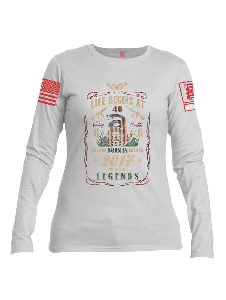 Battleraddle Life Begins At 40 Red Sleeve Print Womens Cotton Long Sleeve Crew Neck T Shirt