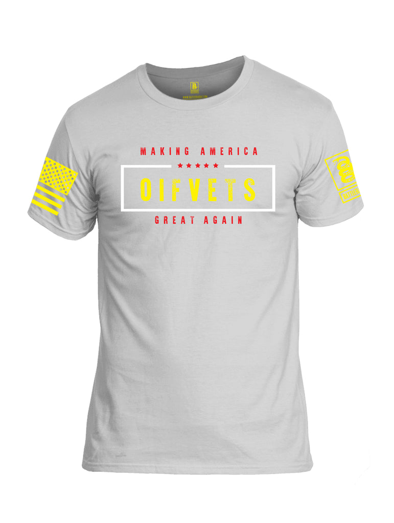 Battleraddle Making America OIF VETS Great Again Yellow Sleeve Print Mens Cotton Crew Neck T Shirt