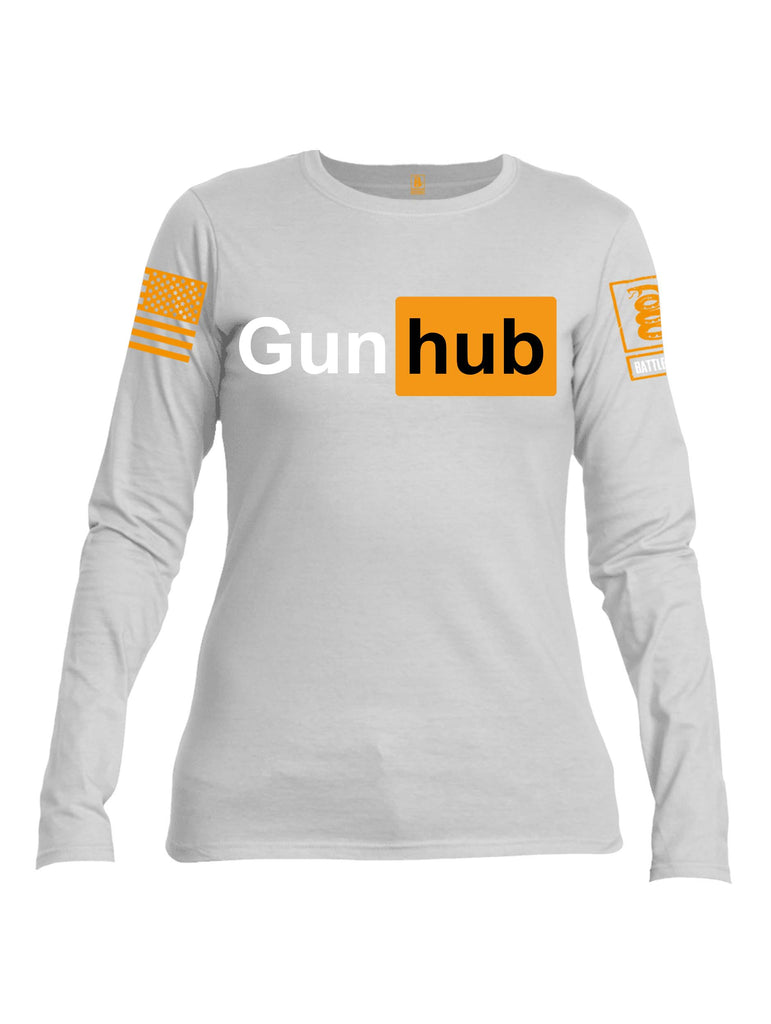 Battleraddle Gun Hub Orange Sleeve Print Womens Cotton Long Sleeve Crew Neck T Shirt