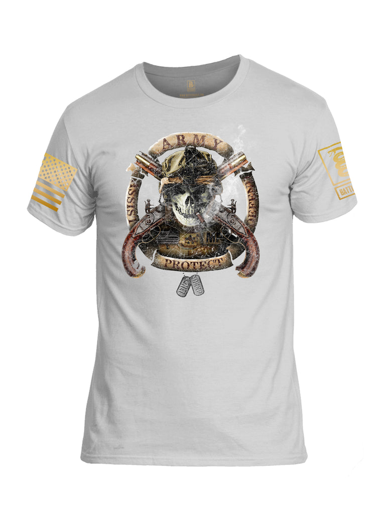 Battleraddle Army Assist Defend Protect Brass Sleeve Print Mens Cotton Crew Neck T Shirt - Battleraddle® LLC