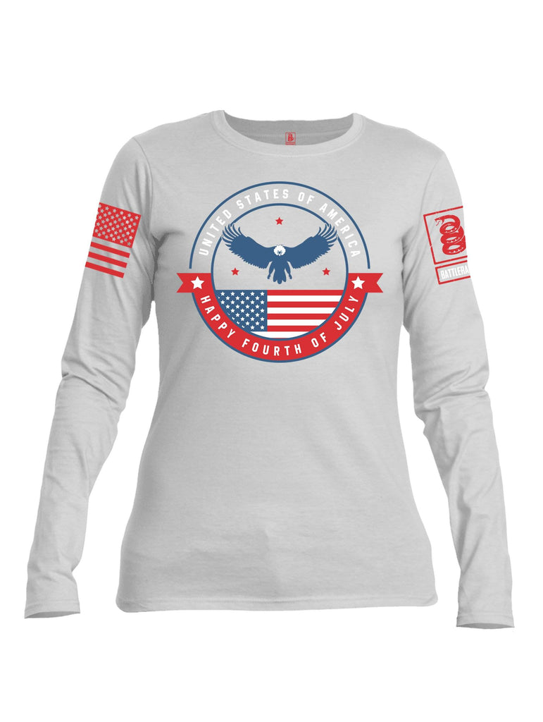 Battleraddle USA Happy Fourth of July Red Sleeve Print Womens Cotton Long Sleeve Crew Neck T Shirt shirt|custom|veterans|Women-Long Sleeves Crewneck Shirt