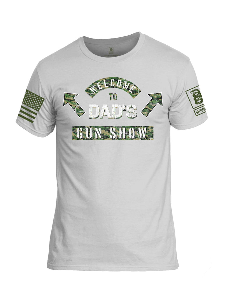 Battleraddle Welcome To Dads Gun Show Dark Green Sleeve Print Mens Cotton Crew Neck T Shirt