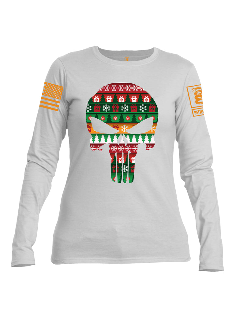 Battleraddle Punisher Skull Christmas Holiday Ugly Orange Sleeve Print Womens Cotton Long Sleeve Crew Neck T Shirt