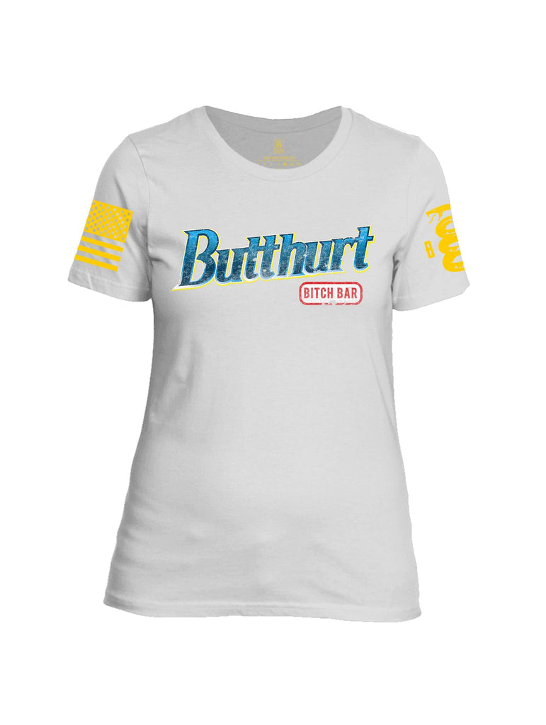 Battleraddle Butthurt Bitch Bar Yellow Sleeve Print Womens Cotton Crew Neck T Shirt - Battleraddle® LLC
