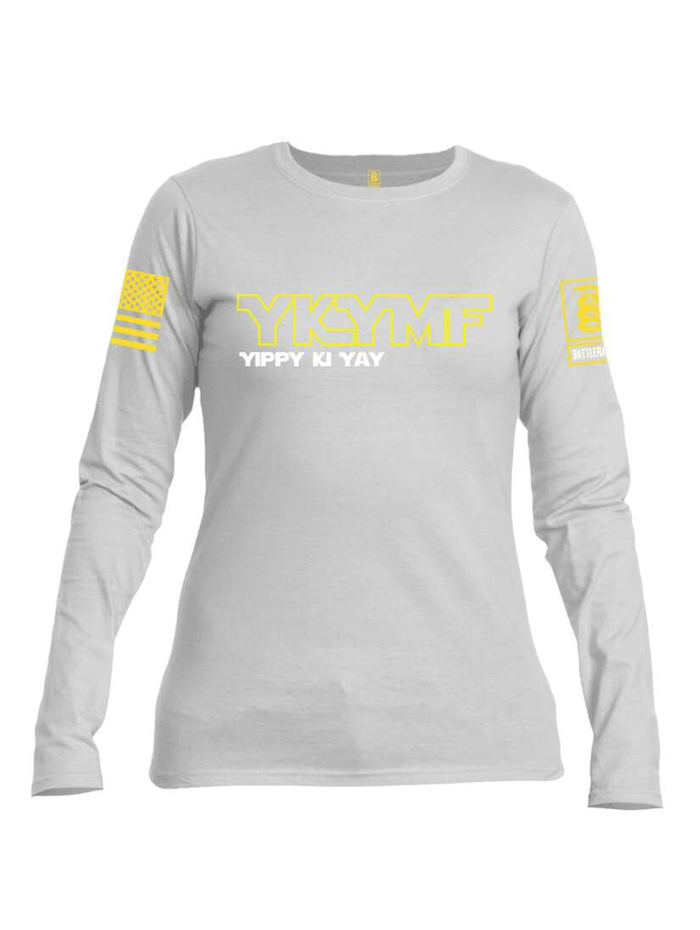 Battleraddle YKYMF Yippy Ki Yay Yellow Sleeve Print Womens Cotton Long Sleeve Crew Neck T Shirt