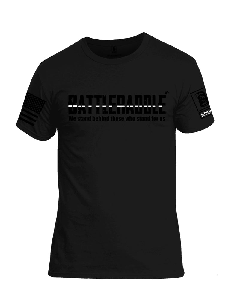 Battleraddle We Stand Behind Those Who Stand For Us White Line Black Sleeve Print Mens Cotton Crew Neck T Shirt