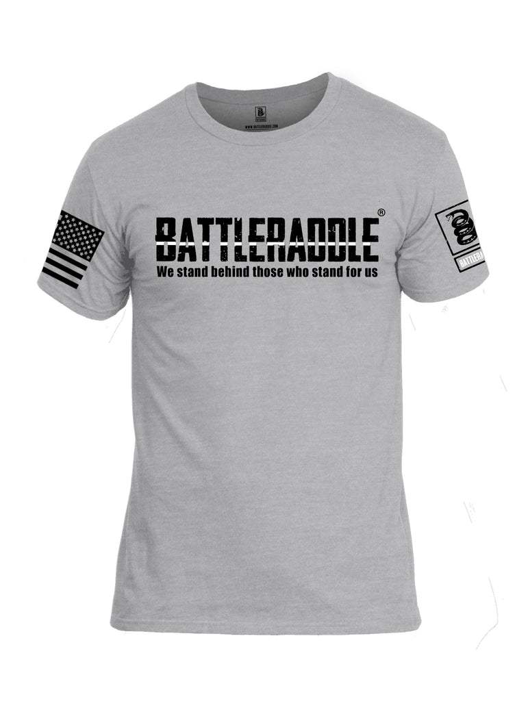 Battleraddle We Stand Behind Those Who Stand For Us White Line Black Sleeve Print Mens Cotton Crew Neck T Shirt