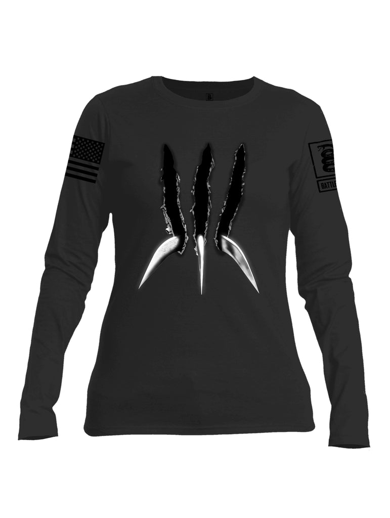 Battleraddle Wolve Adamantium Claws V1 Black Sleeve Print Womens Cotton Long Sleeve Crew Neck T Shirt