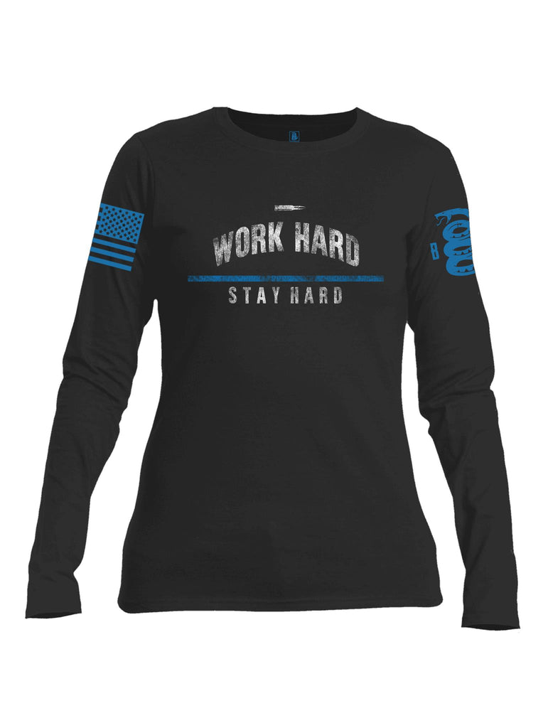 Battleraddle Work Hard Stay Hard Blue Line Blue Sleeve Print Womens Cotton Crew Neck Long Sleeve Sweatshirt